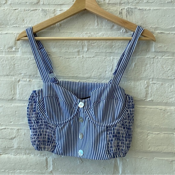 Vanessa Mooney || Celia Bustier Crop Top Button Mini Skirt Set Blue Stripe S NWT - Picture 3 of 10
